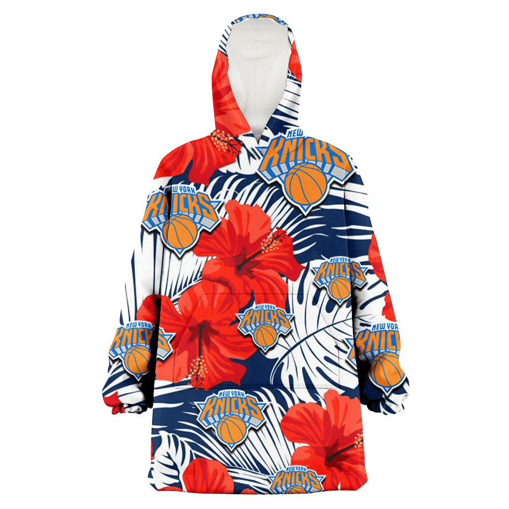 New York Knicks White Tropical Leaf Red Hibiscus Navy Background 3D Printed Hoodie Blanket Snug Hoodie