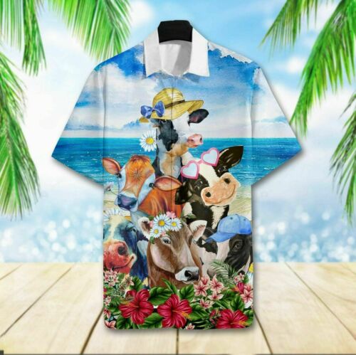 Hawaiian Aloha Shirts Cute Cows, Cow Hawaii Shirt, Summer Beach Shirt