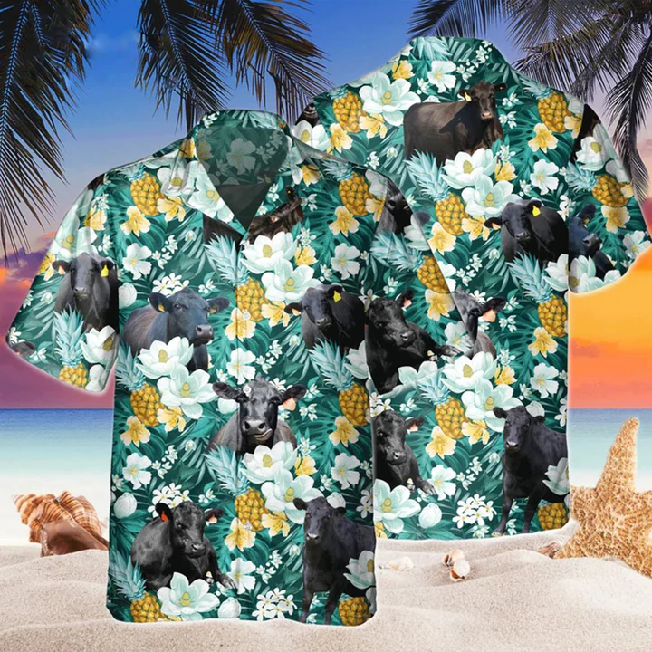 Black Angus Tropical Pineapple Fruit Hawaiian Shirt, Flowers Aloha Shirt For Cow Lovers