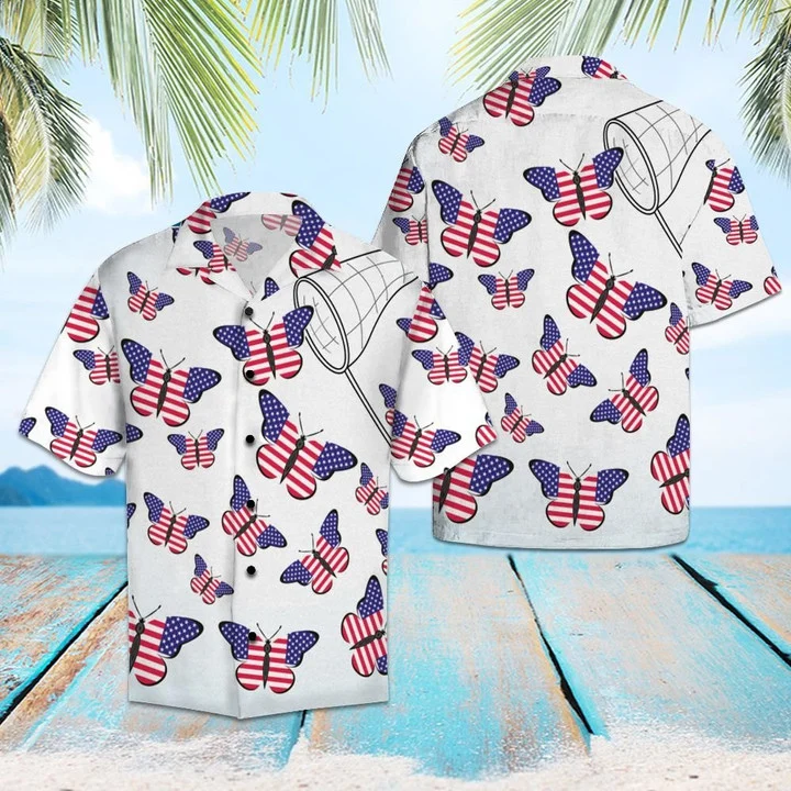 Amazing Butterflies With American Flag Hawaiian Shirt, Short Sleeve Hawaiian Aloha Shirt For Men