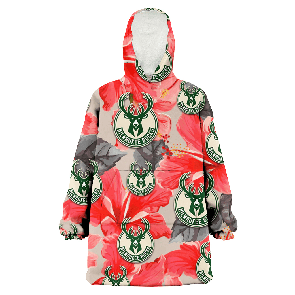 Milwaukee Bucks Red Hibiscus Gray Leaf Beige Background 3D Printed Hoodie Blanket Snug Hoodie