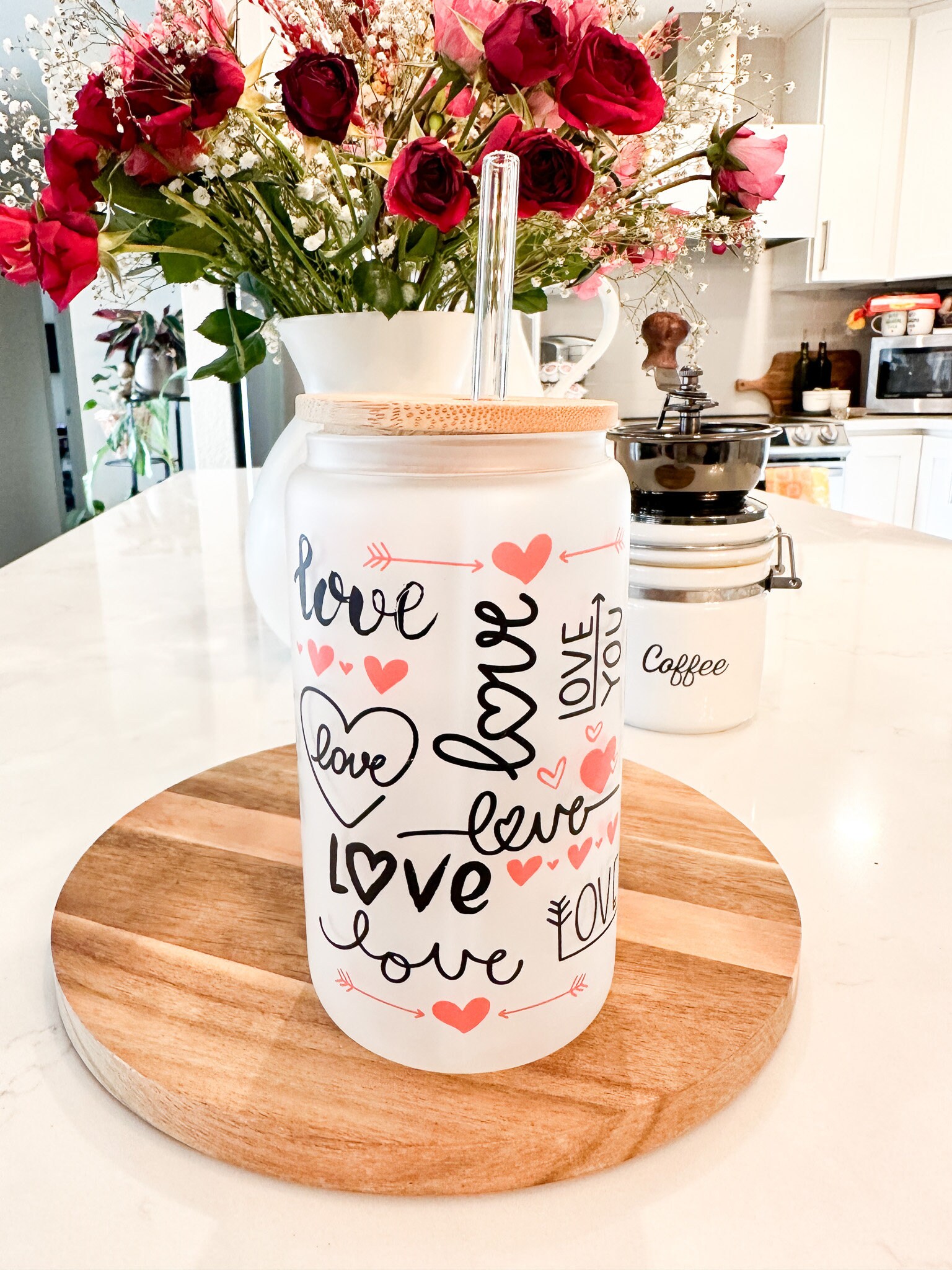 Love and Hearts Frosted Can Glass, V … fashionstation