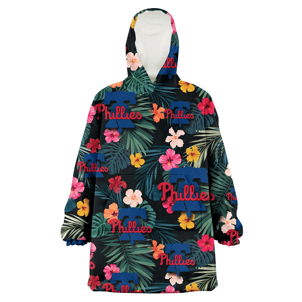 Philadelphia Phillies Pink Yellow Orange Hibiscus Big Tropical Leaf Black Background 3D Printed Hoodie Blanket Snug Hoodie