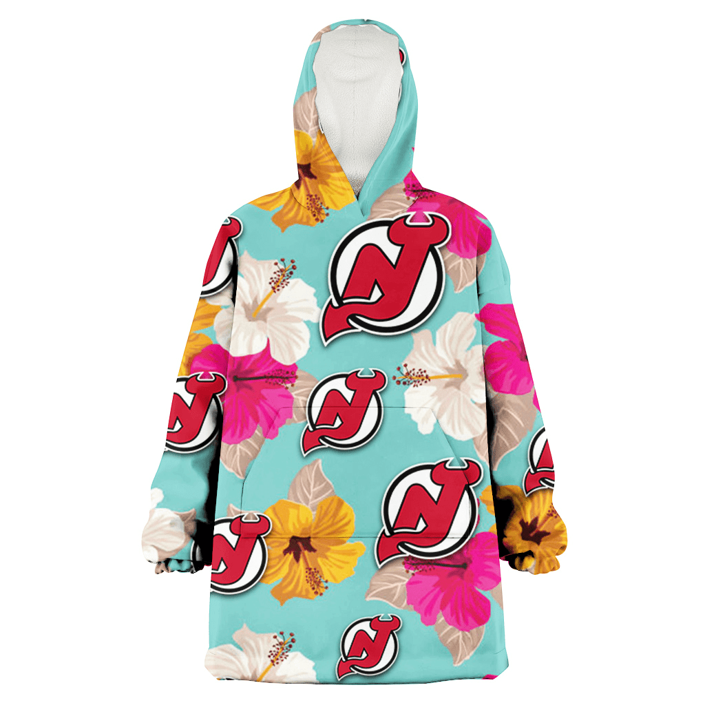 New Jersey Devils Pink Yellow White Hibiscus Turquoise Background 3D Printed Hoodie Blanket Snug Hoodie