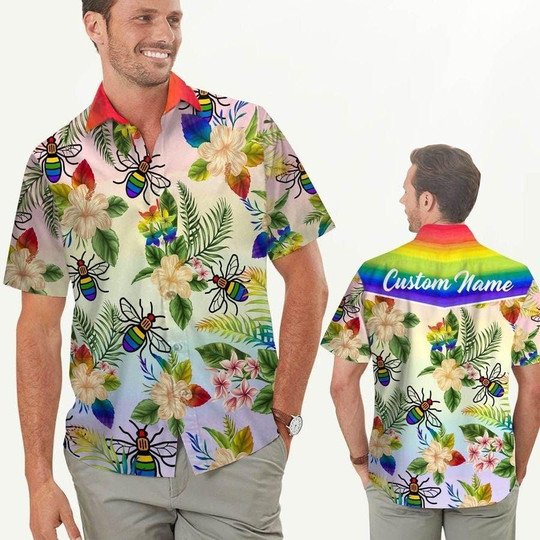 Rainbow Bee Hibiscus Lgbt Pride Custom Name Hawaiian Shirt, Lgbt Shirt, Lesbian Shirt, Gay Shirt