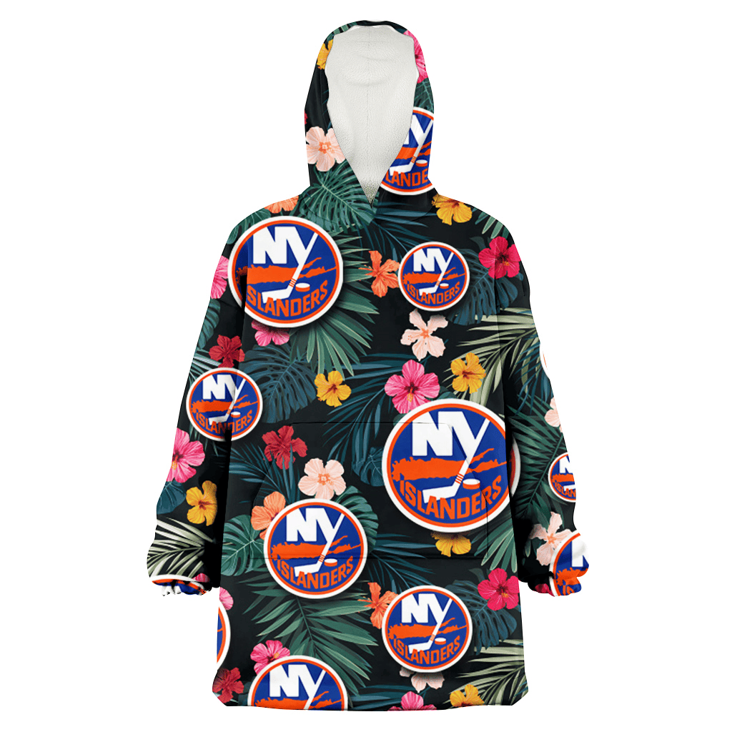 New York Islanders Pink Yellow Orange Hibiscus Big Tropical Leaf Black Background 3D Printed Hoodie Blanket Snug Hoodie