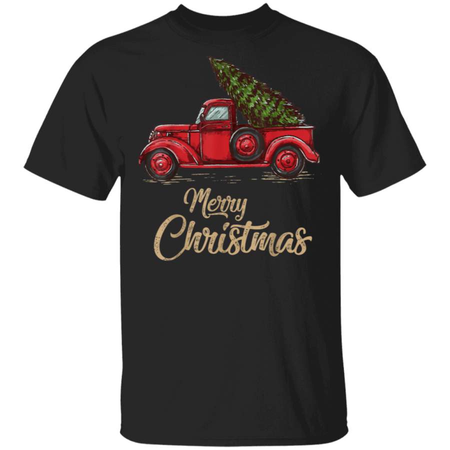 Vintage Red Truck With Merry Christmas Tree T Shirt By Vevotee Store T-shirt Long Hoodie Black