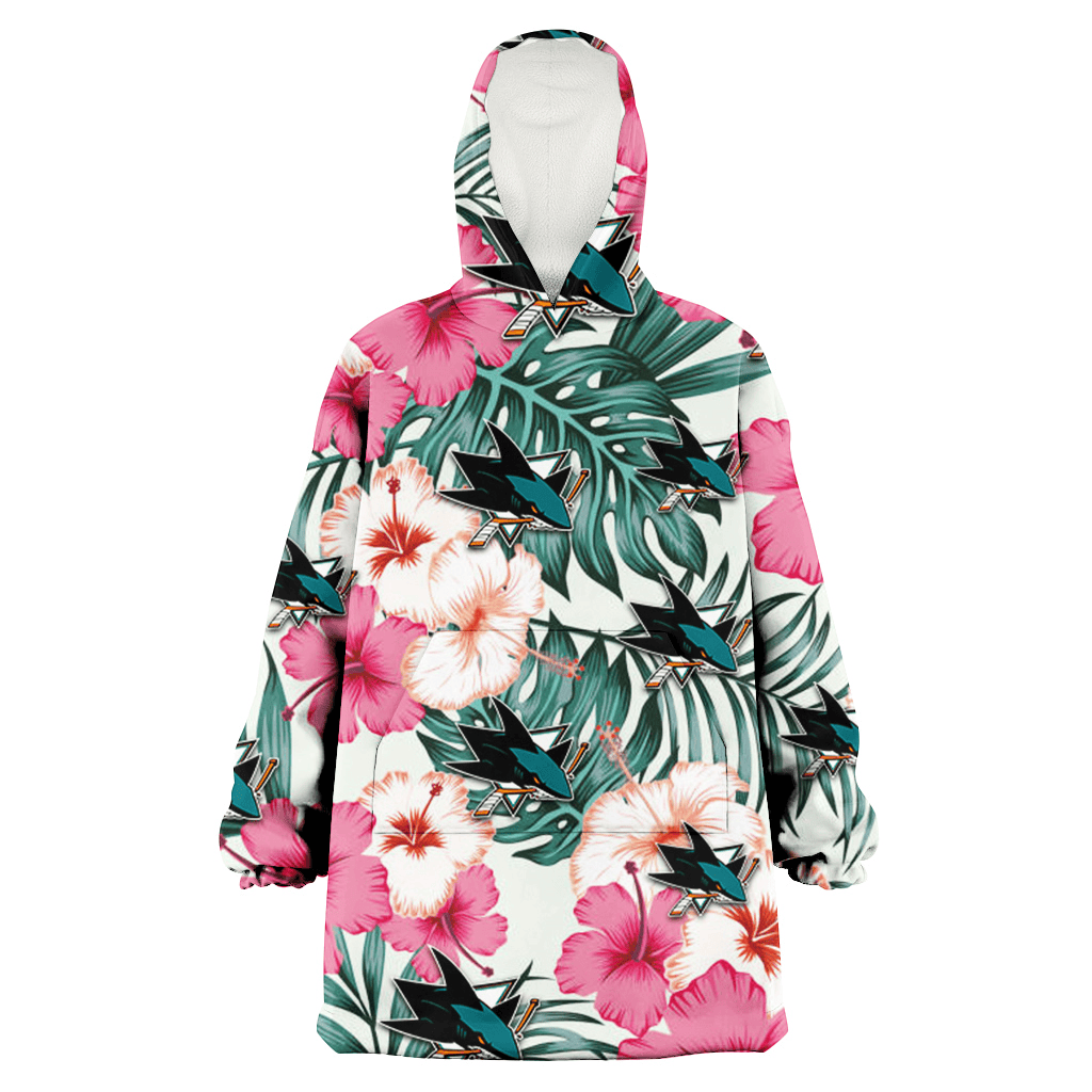 San Jose Sharks Coral Pink Hibiscus Green Leaf Beige Background 3D Printed Hoodie Blanket Snug Hoodie