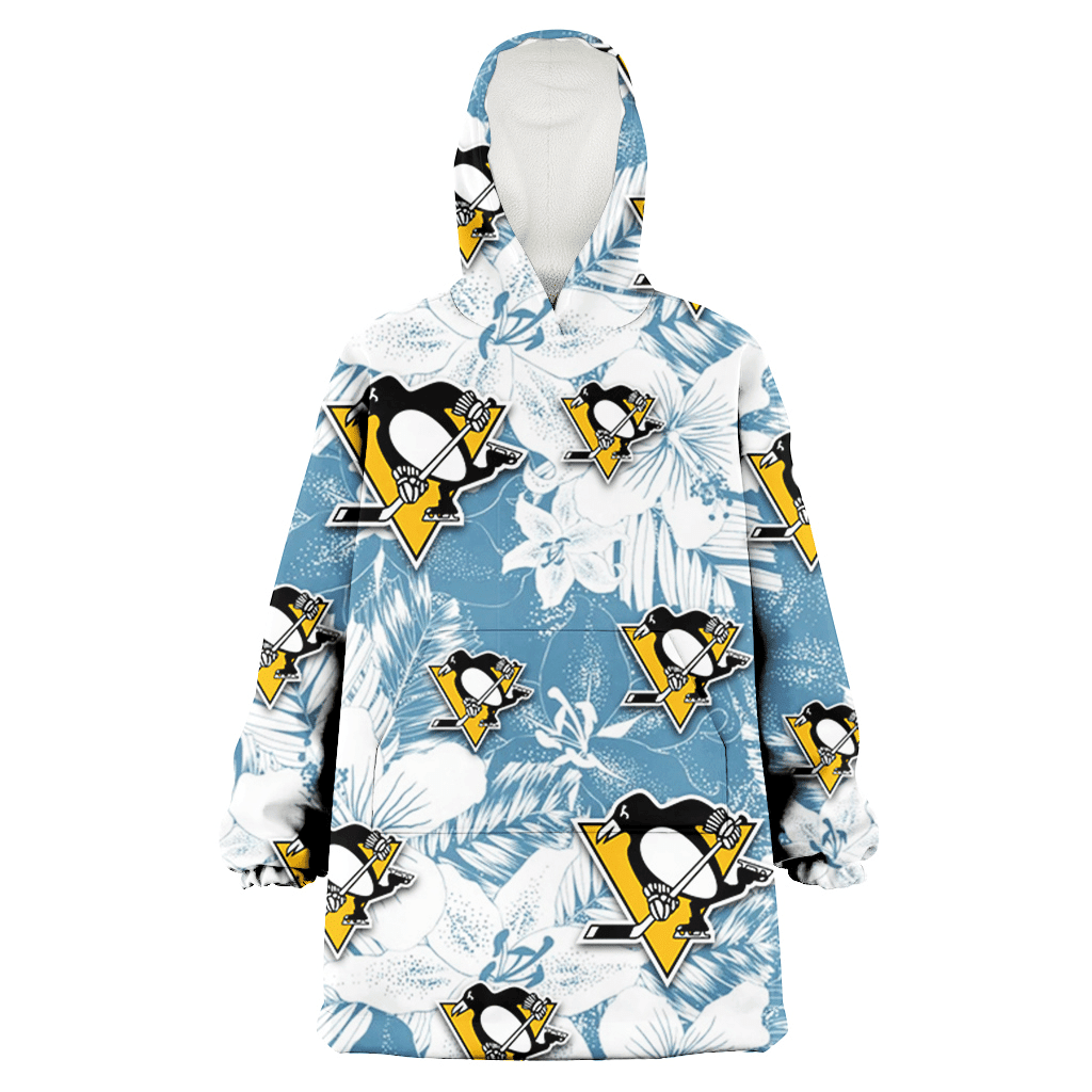 Pittsburgh Penguins White Hibiscus Orchid Light Blue Background 3D Printed Hoodie Blanket Snug Hoodie