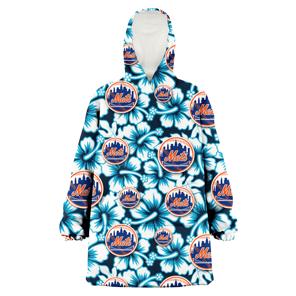 New York Mets Blue Line White Hibiscus Black Background 3D Printed Hoodie Blanket Snug Hoodie