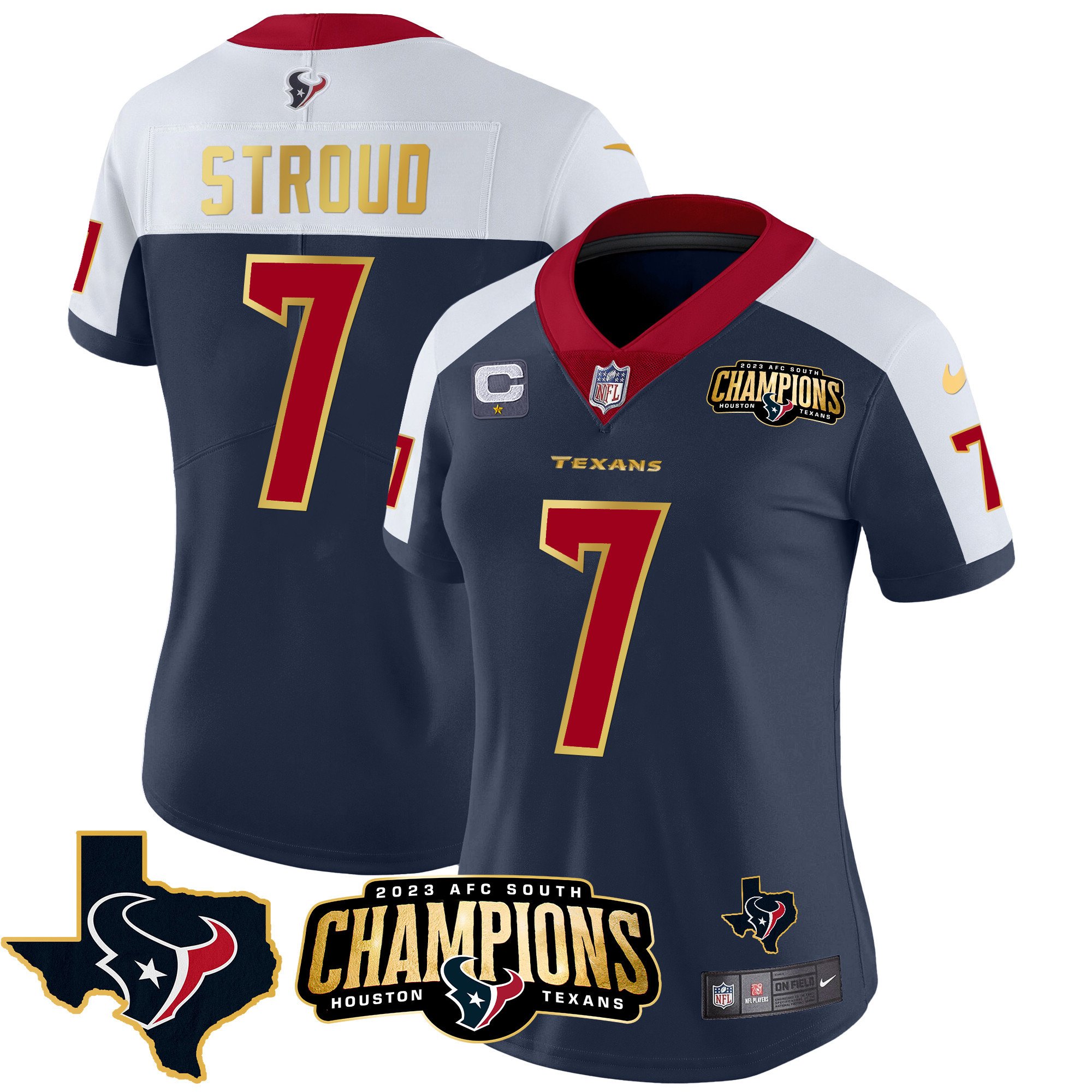 Women’S Houston Texans 2023 Afc South Champions Patch Gold Trim Vapor Jersey – All Stitched