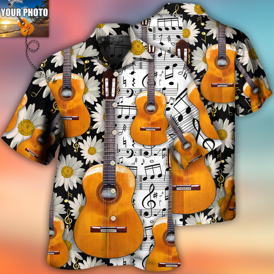 Custom Photo Guitar Daisy White Pattern All Over Print Hawaiian Shirt, Musician Shirt, Guitar Shirt