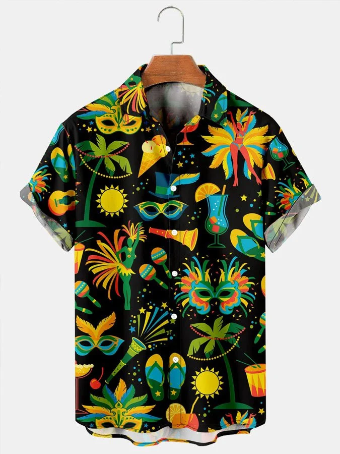 Men’S Vintage Shirts Mardi Gras Graphic Casual Breathable Short Sleeve Hawaiian Shirt