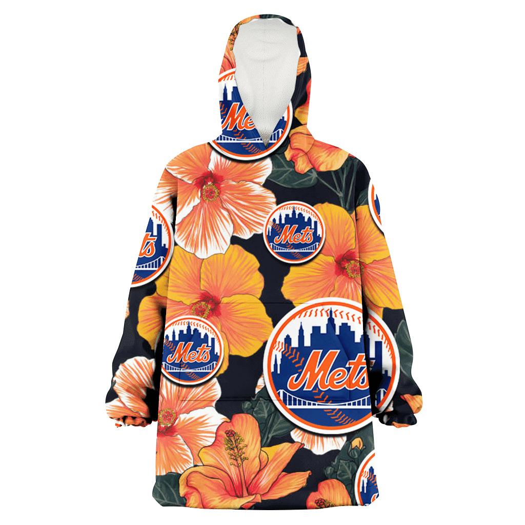 New York Mets Orange Hibiscus Dark Green Leaf Black Background 3D Printed Hoodie Blanket Snug Hoodie