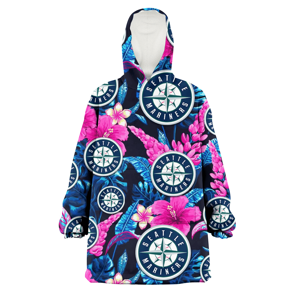 Seattle Mariners Violet Red Hibiscus Blue Leaf Black Background 3D Printed Hoodie Blanket Snug Hoodie