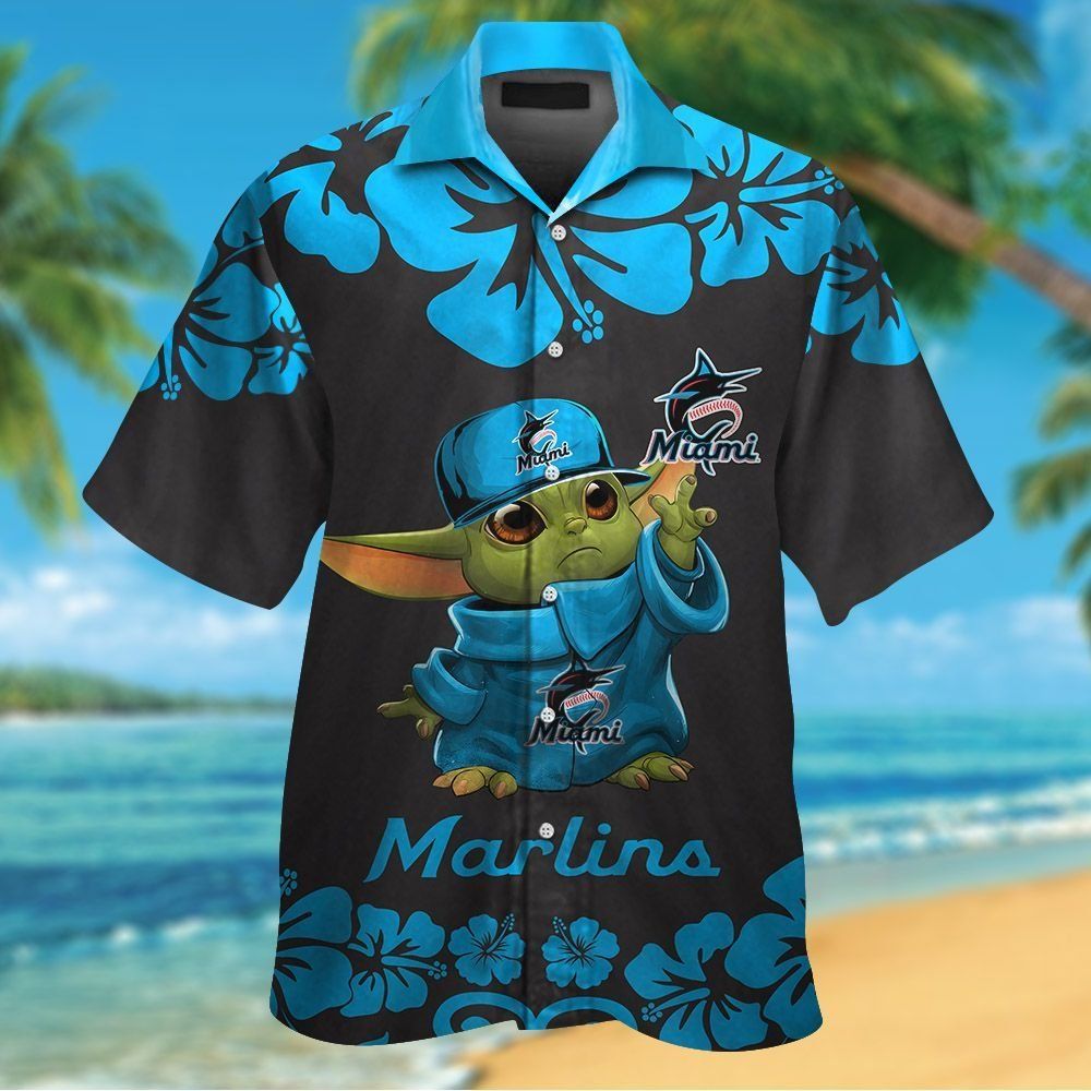 Miami Marlins Baby Yoda Short Sleeve Button Up Tropical Hawaiian Shirt