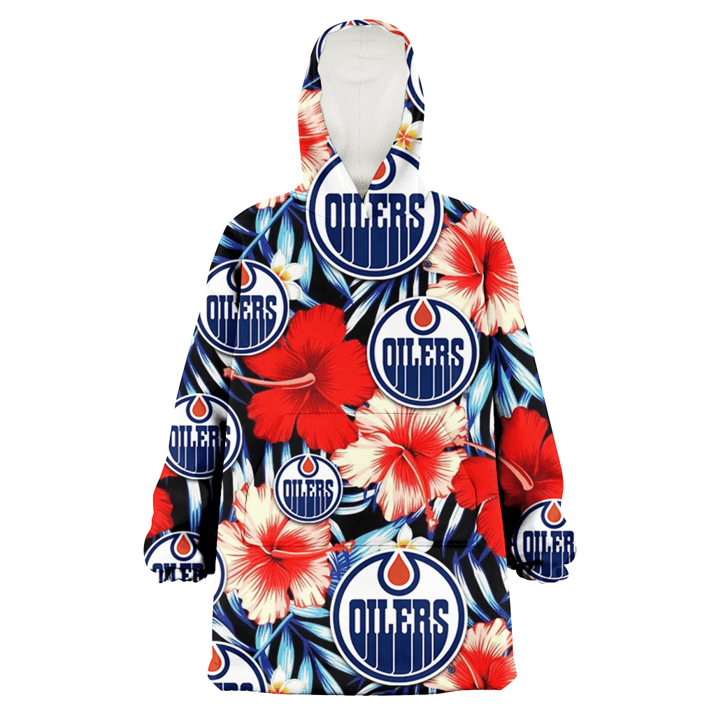 Edmonton Oilers Coral Red Hibiscus Blue Palm Leaf Black Background 3D Printed Hoodie Blanket Snug Hoodie