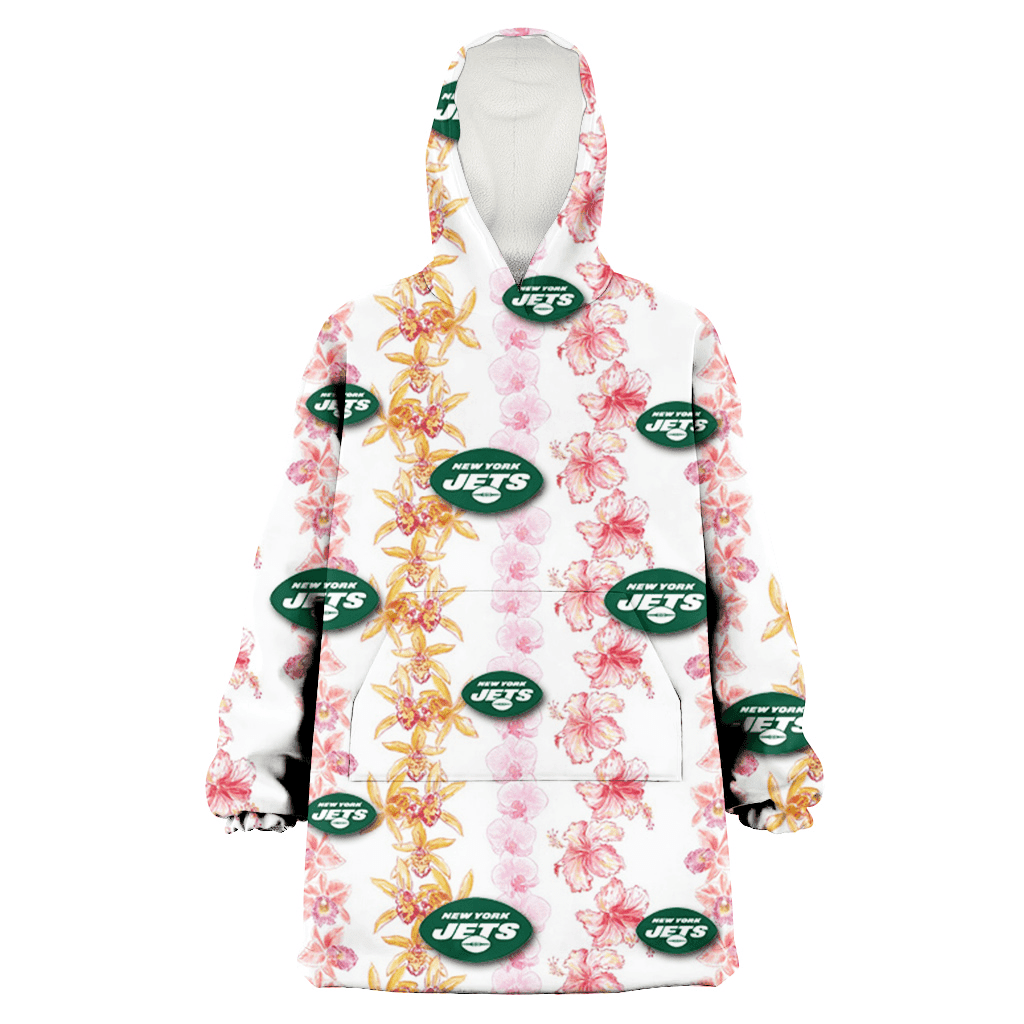 New York Jets Pink Hibiscus Yellow Pink Orchid White Background 3D Printed Hoodie Blanket Snug Hoodie