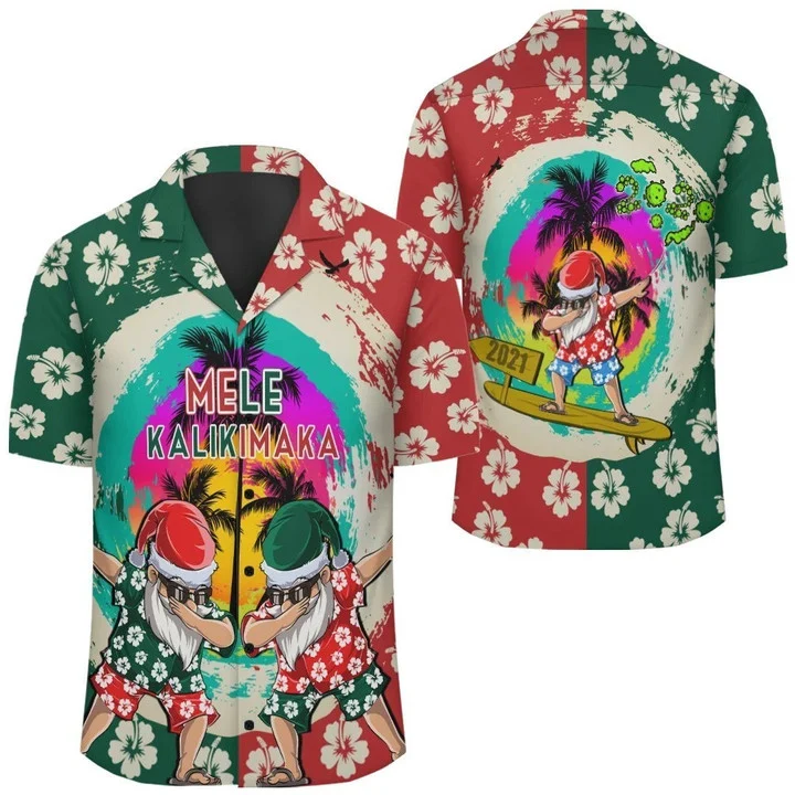 Green And Red Hawaii Mele Kalikimaka Dabbing Santa Surfing Hawaiian Shirt, Summer Short Sleeve Hawaiian Aloha Shirt