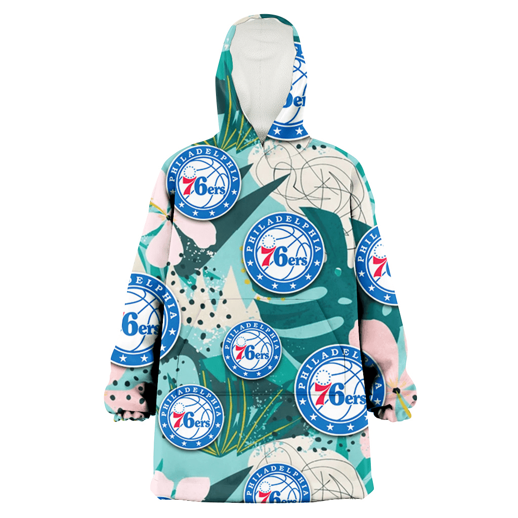 Philadelphia 76ers Pastel Hibiscus Palm Leaf Tiny Dot Green Background 3D Printed Hoodie Blanket Snug Hoodie