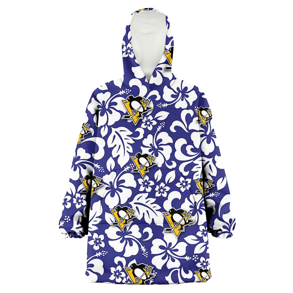 Pittsburgh Penguins White Hibiscus Pattern Slate Blue Background 3D Printed Hoodie Blanket Snug Hoodie