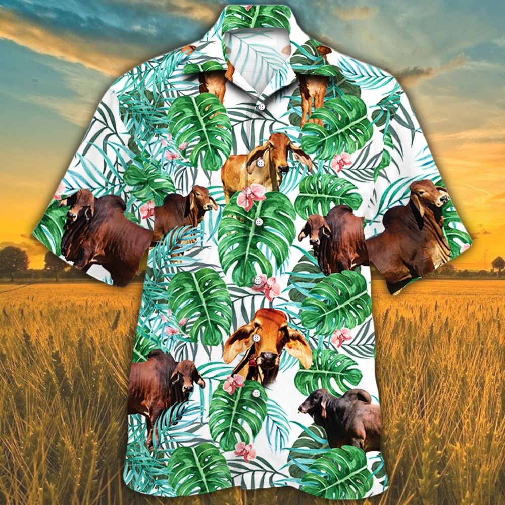 Red Brahman Cattle Lover Tropical Plants Hawaiian Shirts For Cow Lovers, Bull Cow 3D Hawaii Shirts