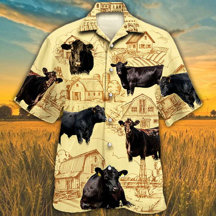 Black Angus Cattle Lovers Farm Hawaiian Shirt, Farm Cow Short Sleeve Hawaiian Aloha Shirt For Men, Women