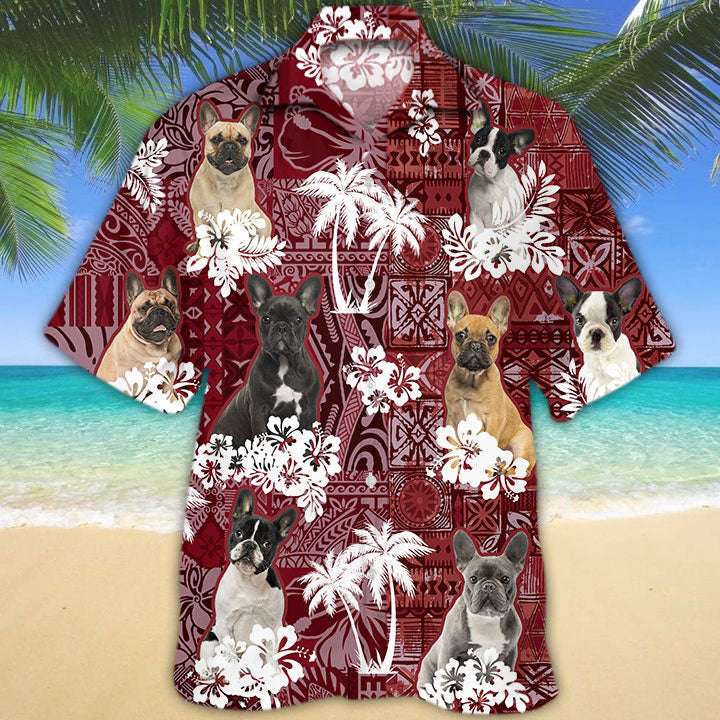 French Bulldog Hawaiian Shirt, Dog Hawaii Aloha Beach Shirt Red Tribal Pattern