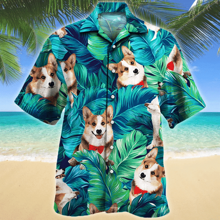 Welsh Corgi Dog Green And Blue Stripe Hawaiian Shirt