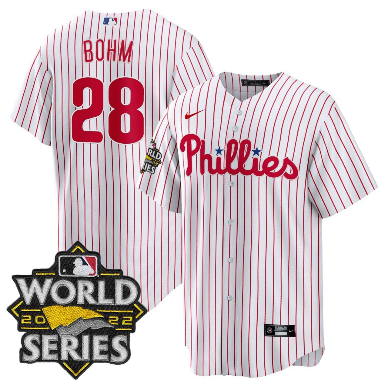 Alec Bohm #28 Philadelphia Phillies 2022 World Series Patch Prinstripe White Jersey – All Stitched