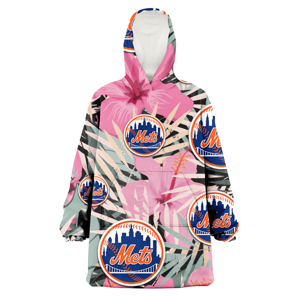 New York Mets Light Pink Hibiscus Pale Green Leaf Black Background 3D Printed Hoodie Blanket Snug Hoodie