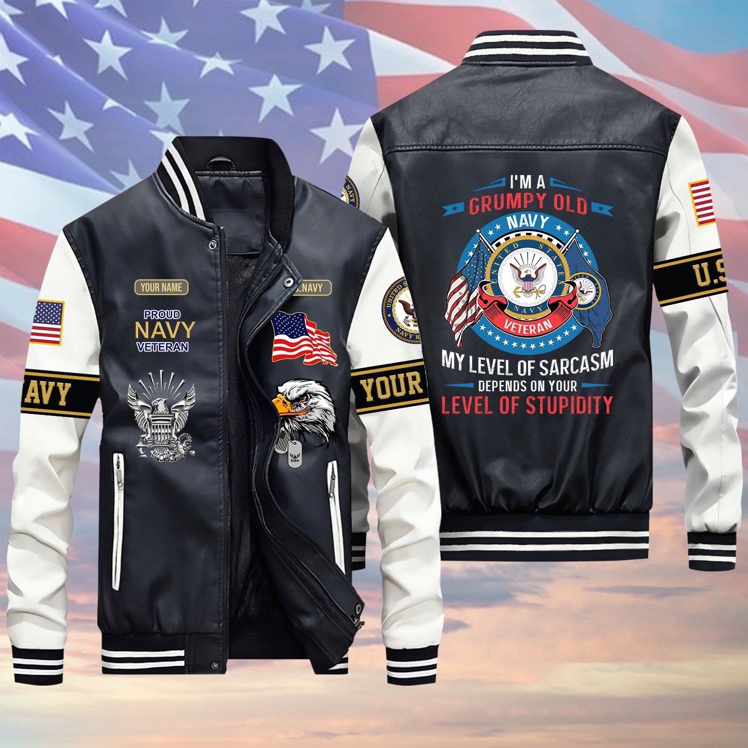 I’m A Grumpy Old U.S Navy Veteran Proud Flag Green Winter Gear Leather Bomber Leterman Varsity Jacket