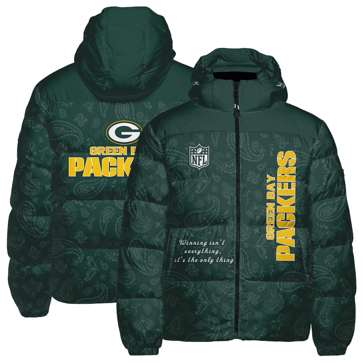 Green Bay Packers NFL Team Logo Wordmark Paisley Pattern Puffer Jacket