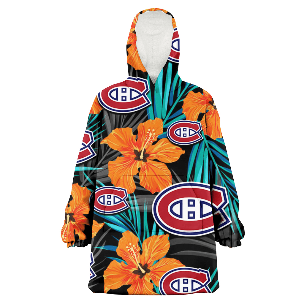 Montreal Canadiens Orange Hibiscus Blue Gray Leaf Black Background 3D Printed Hoodie Blanket Snug Hoodie