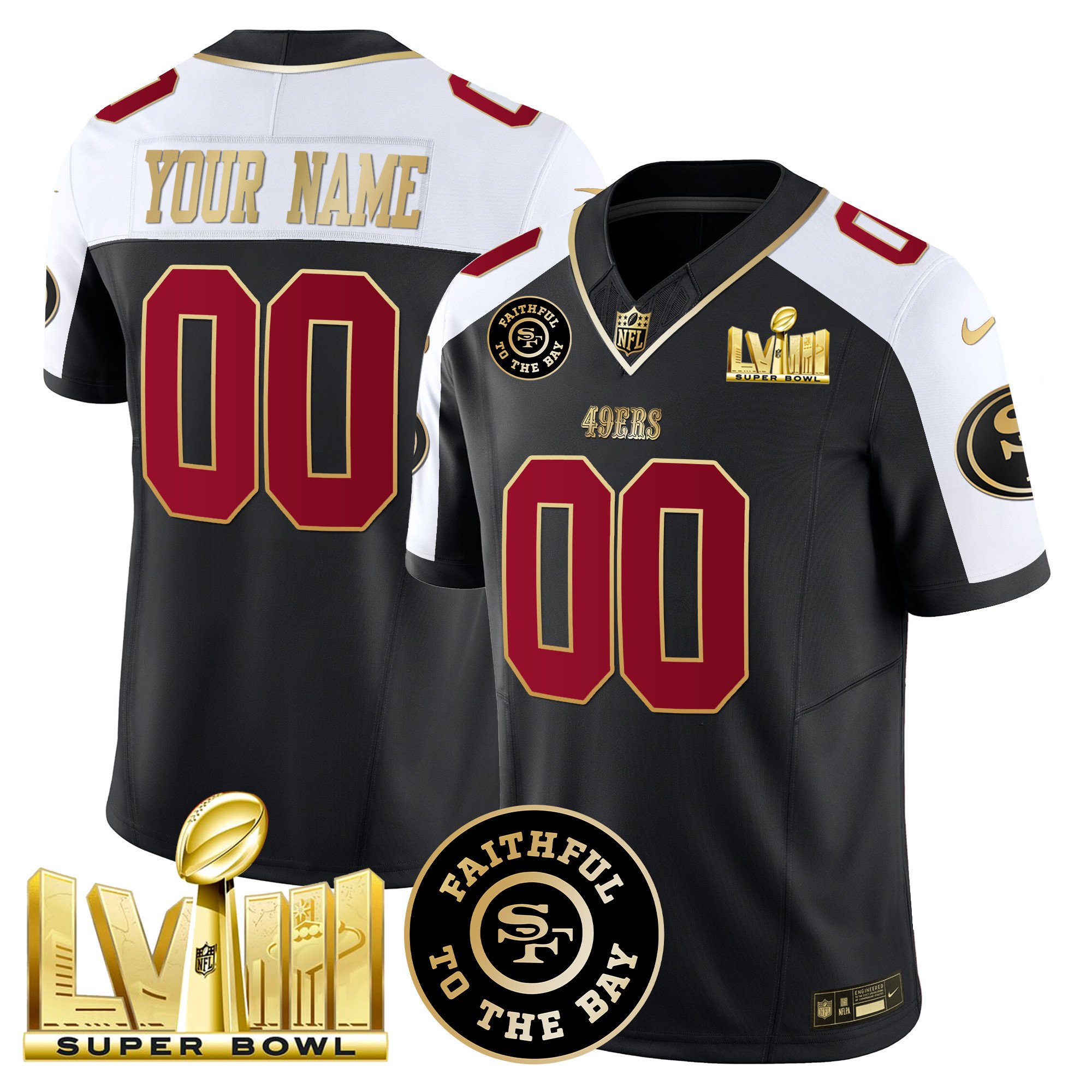 49Ers Faithful & Super Bowl Lviii Gold Patch Vapor Custom Jersey – All Stitched