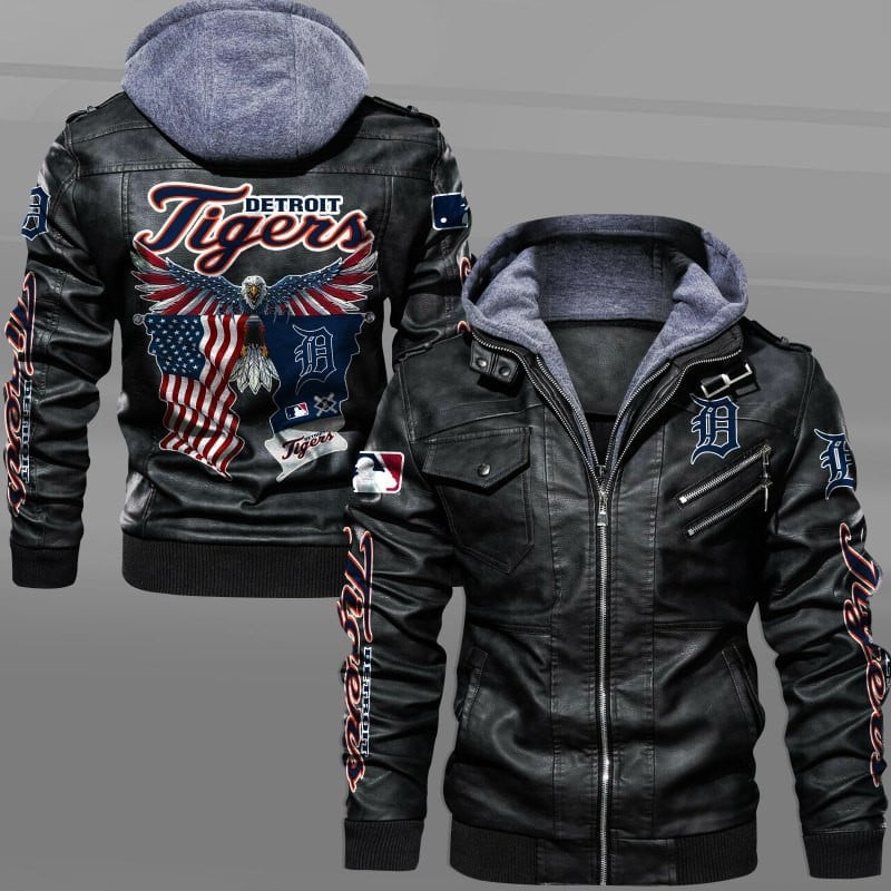 Detroit Tigers MLB Eagle American Flag Team Logo Zip Leather Jacket With Hood