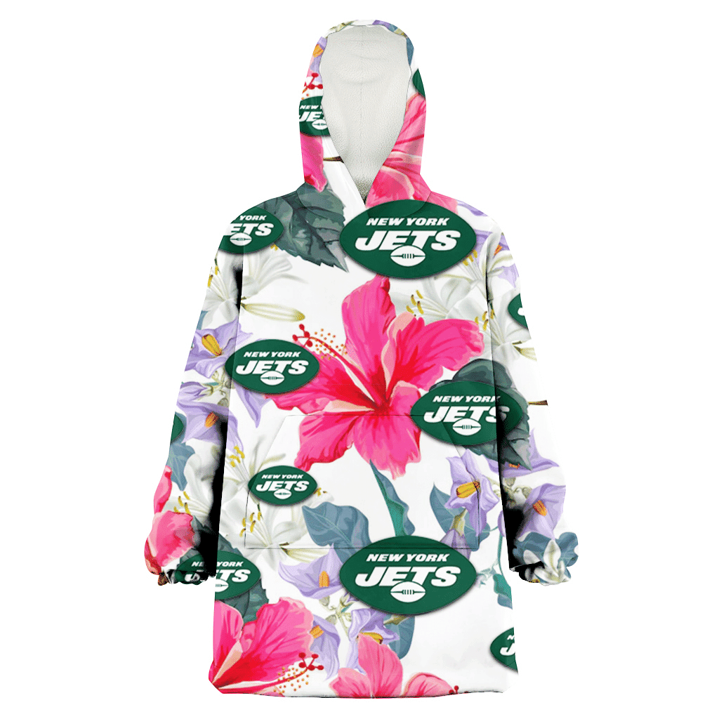 New York Jets Pink Hibiscus White Orchid White Background 3D Printed Hoodie Blanket Snug Hoodie