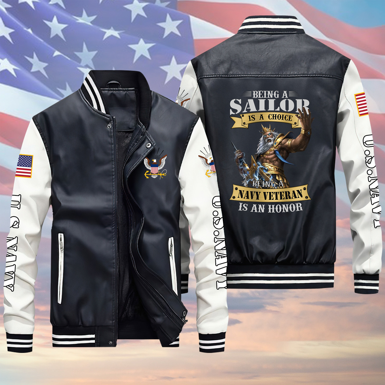 Being A Sailor Is A Choice US Navy Veteran V1 Black Winter Gear Leather Bomber Leterman Varsity Jacket