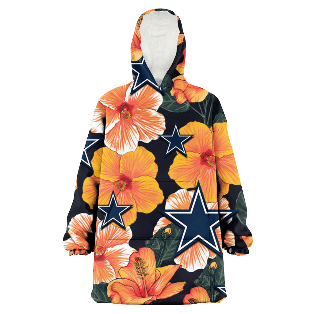Dallas Cowboys Orange Hibiscus Dark Green Leaf Black Background 3D Printed Hoodie Blanket Snug Hoodie