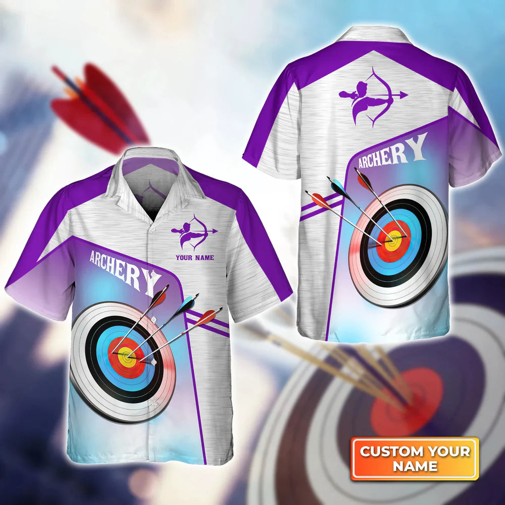 Purple Watercolor Archery Target Board Personalized Name 3D Hawaiian Shirt, Gift For Archer Sport Lovers, Gift For Archer