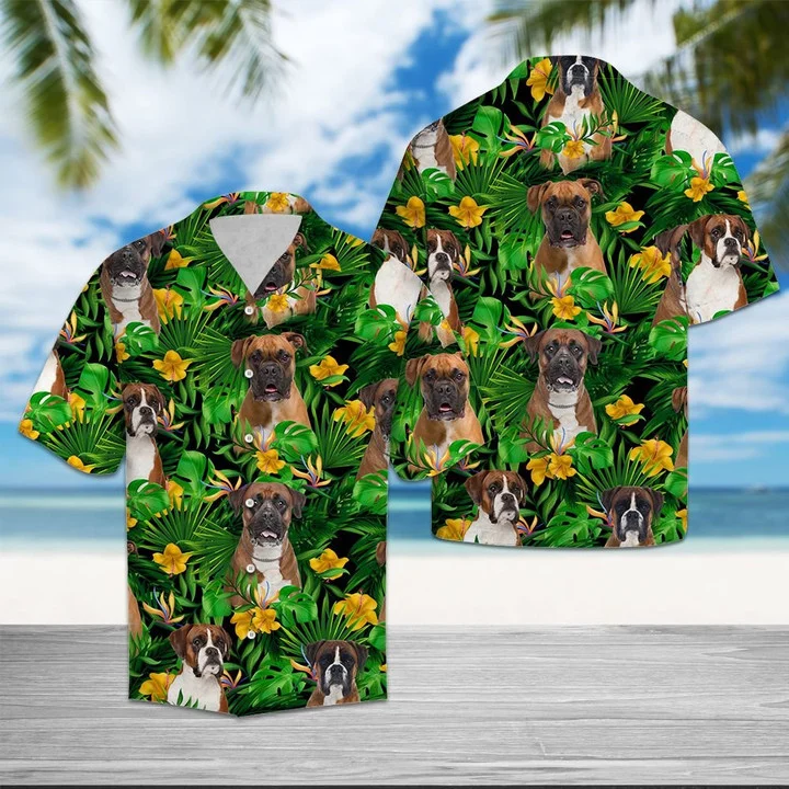 Boxer With Yellow Flowers Hawaiian Shirt, Dog Hawaii Shirt, Aloha Shirt For Men And Women