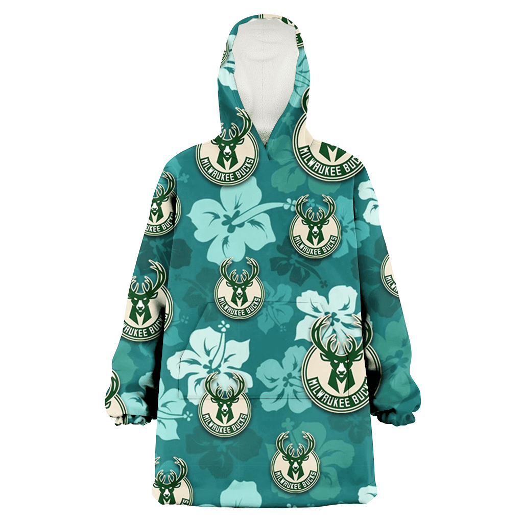 Milwaukee Bucks Light Sea Green Hibiscus Green Background 3D Printed Hoodie Blanket Snug Hoodie