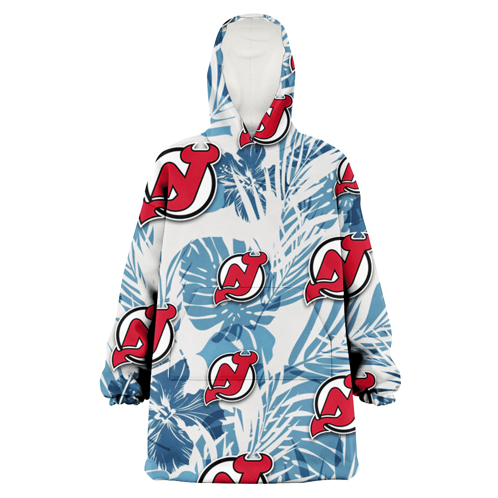 New Jersey Devils Hibiscus Balm Leaves Blue And White Background 3D Printed Hoodie Blanket Snug Hoodie