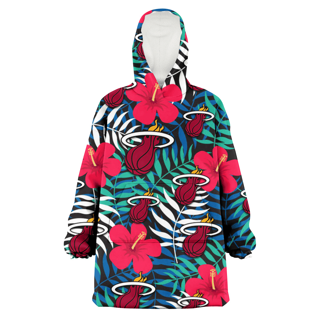 Miami Heat Red Hibiscus Green Blue White Leaf Black Background 3D Printed Hoodie Blanket Snug Hoodie