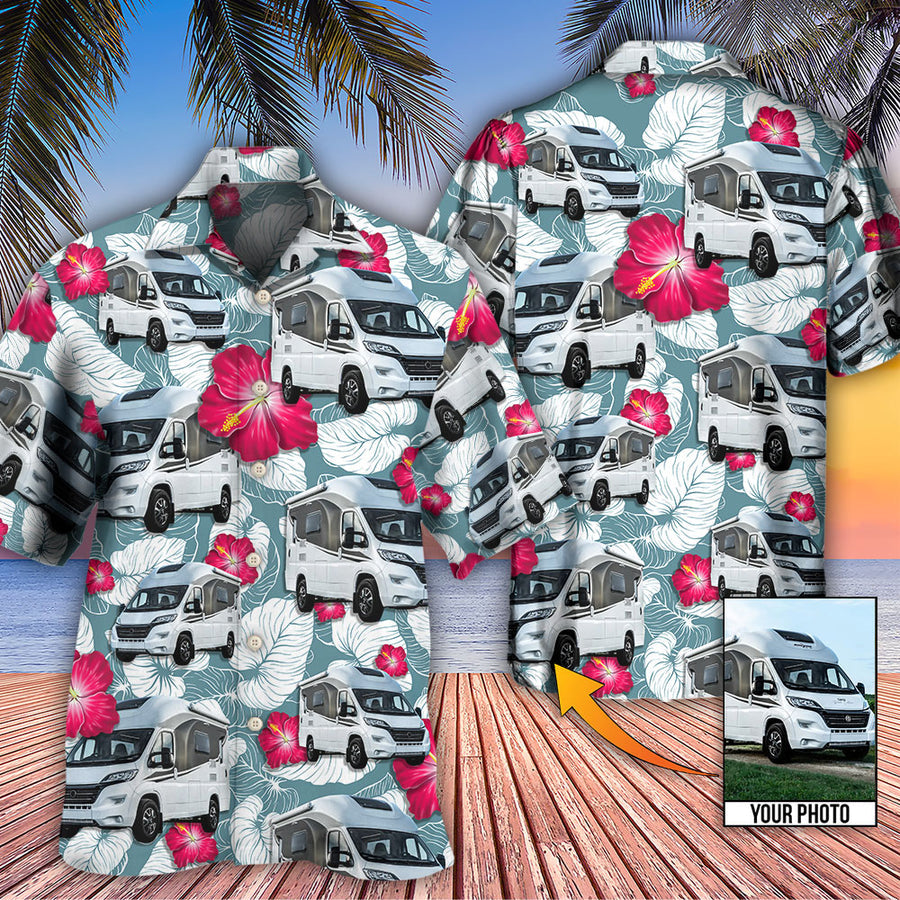 Rv Camper Tropical Floral Pattern Custom Photo Hawaiian Shirt,  Hawaiian Shirt For Men, Camping Shirt