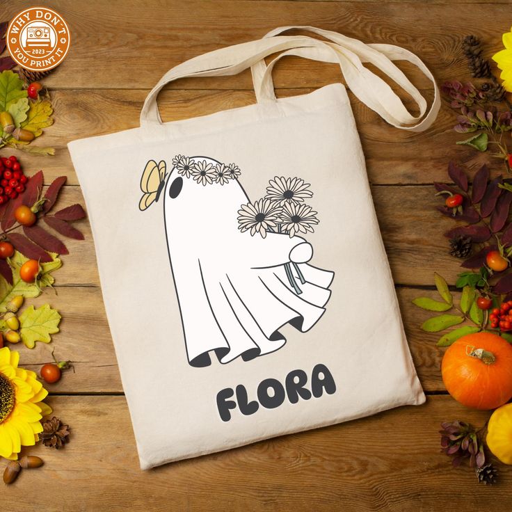 Personalized Trick or Treat Halloween Candy Tote Bag, Trick or Treat Carrying Bag, Halloween Gift, Cute Ghost with Flowers, Best Tote Bags Ideas, Cute Tote Bags Ideas, Tote Bag Design Ideas, Girls Tote Bag, Best Canvas Tote Bags Ideas