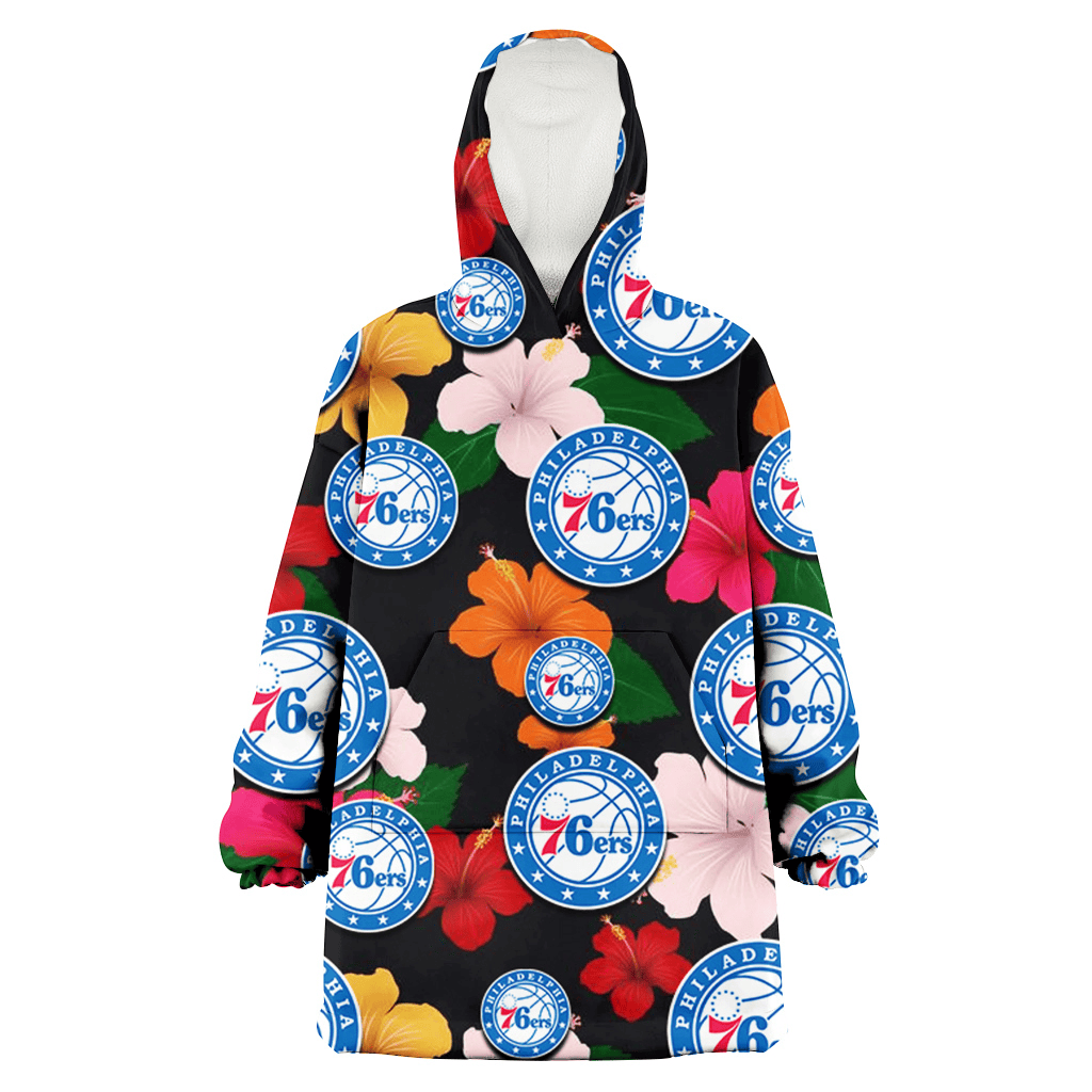 Philadelphia 76ers Pink Orange Yellow White Hibiscus Black Background 3D Printed Hoodie Blanket Snug Hoodie