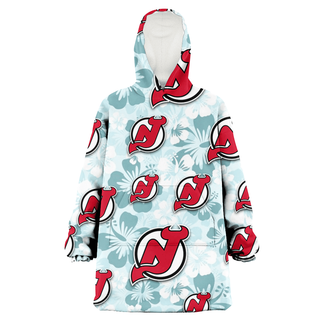 New Jersey Devils Pale Turquoise Hibiscus Light Cyan Background 3D Printed Hoodie Blanket Snug Hoodie