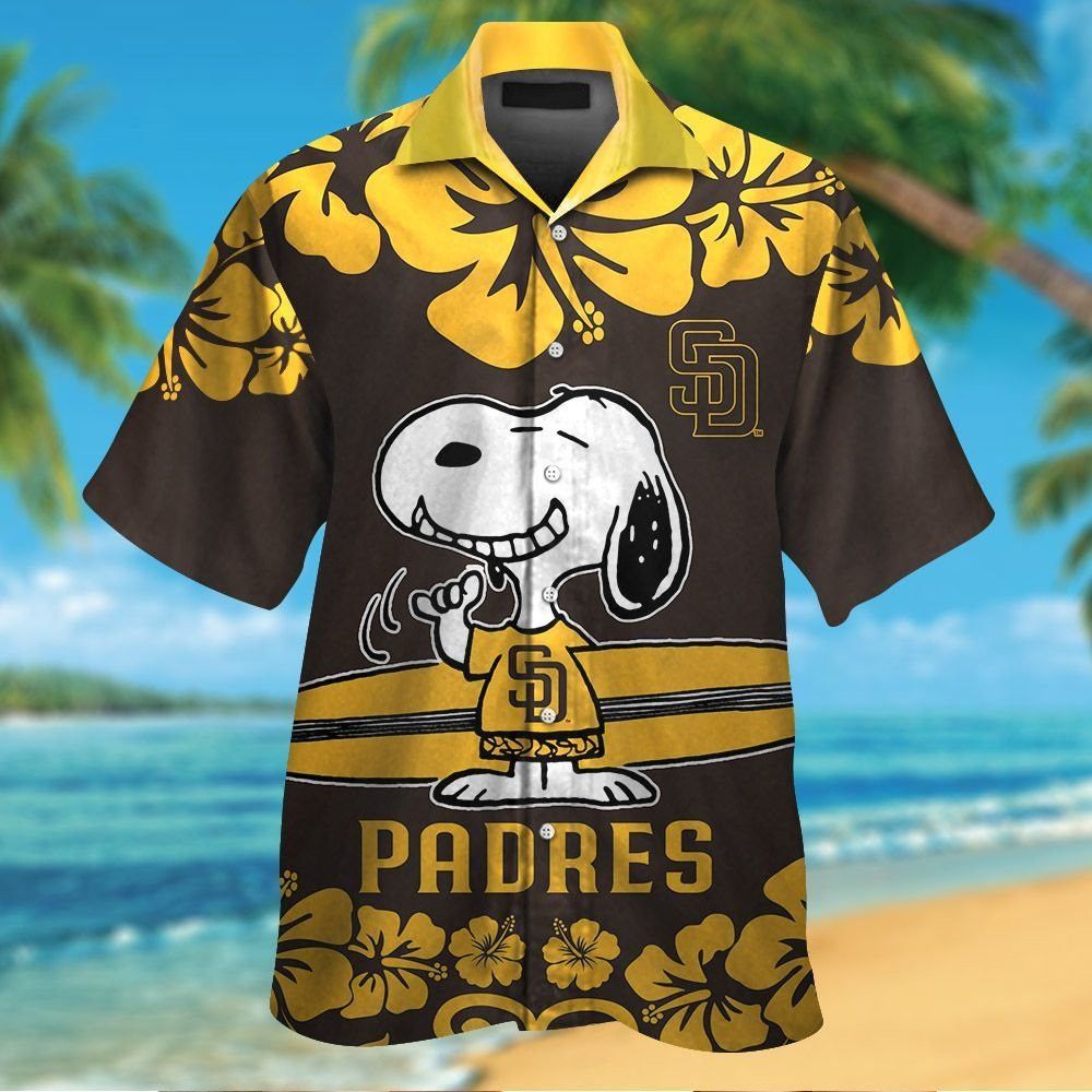 San Diego Padres Snoopy Short Sleeve Button Up Tropical Hawaiian Shirt