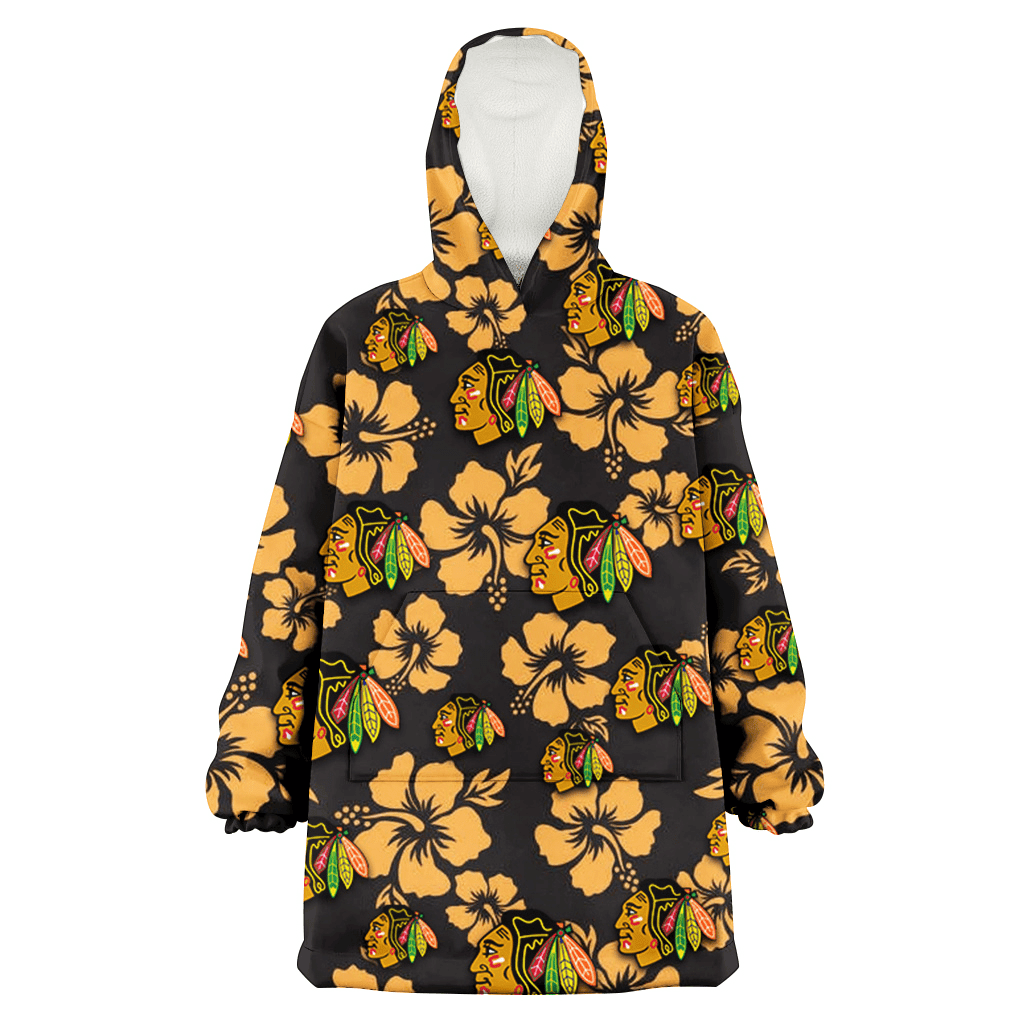 Chicago Blackhawks Tiny Yellow Hibiscus Black Background 3D Printed Hoodie Blanket Snug Hoodie